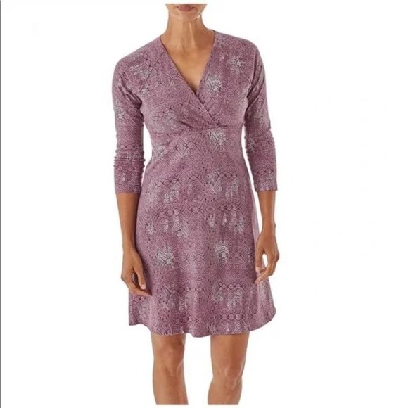 Patagonia Metairie Dress M Surplice V Neck Organic Cotton A Line Flare Navy Blue - Picture 13 of 13